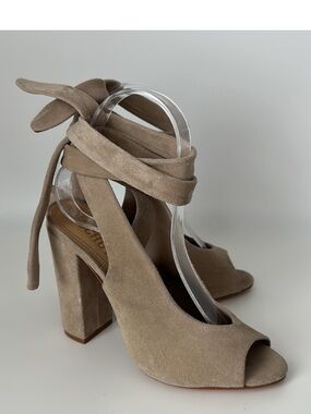 SCHUTZ Archie Taupe Suede Peep-Toe Ankle Tie Heels